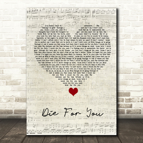 The Weeknd Die For You Script Heart Song Lyric Quote Music Print