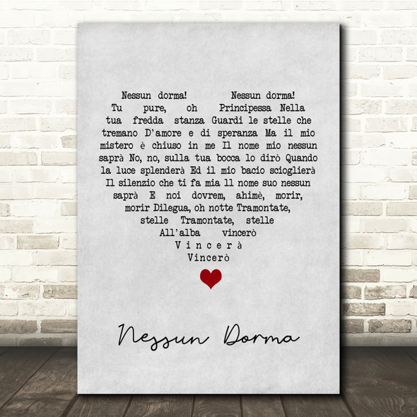Luciano Pavarotti Nessun Dorma Grey Heart Song Lyric Quote Music Print