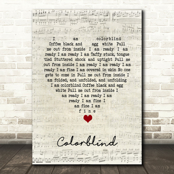 Counting Crows Colorblind Script Heart Song Lyric Quote Music Print