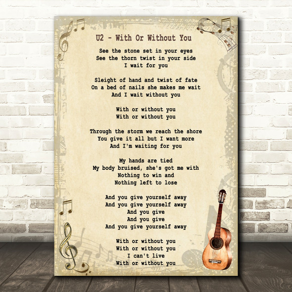 U2 With Or Without You Song Lyric Vintage Quote Print