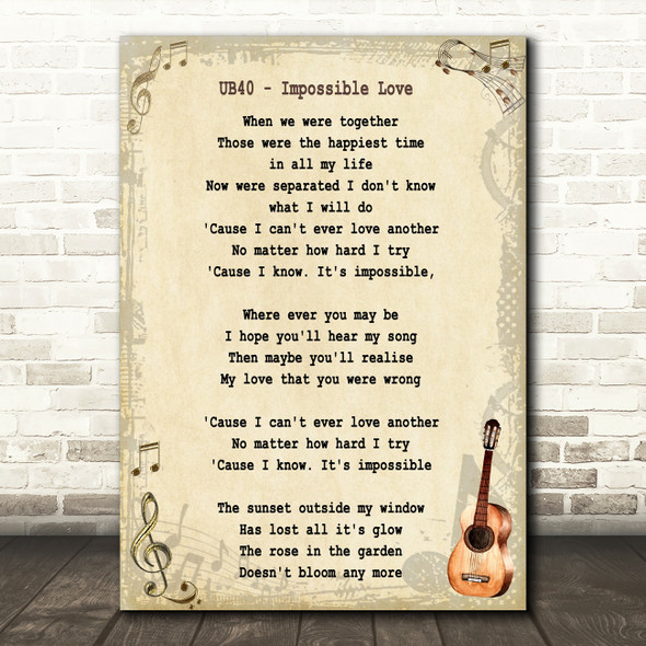 UB40 Impossible Love Song Lyric Vintage Quote Print
