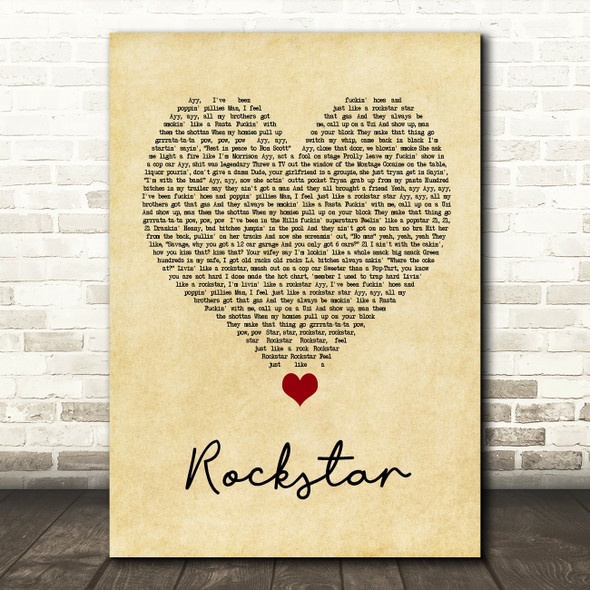 Post Malone Rockstar Vintage Heart Song Lyric Quote Music Print