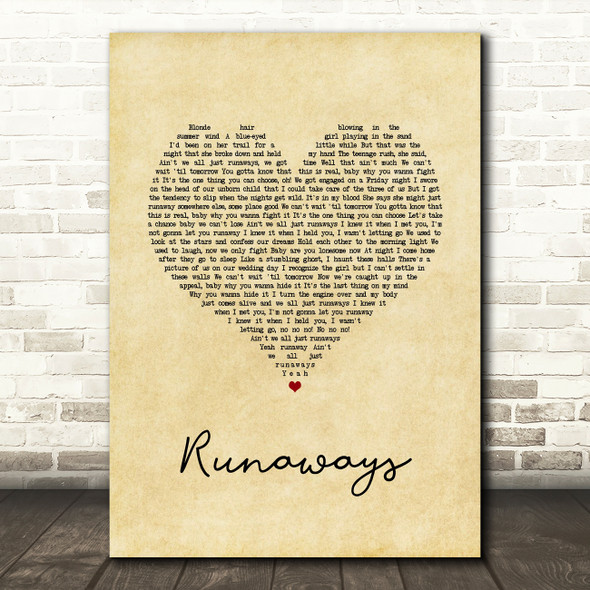 The Killers Runaways Vintage Heart Song Lyric Quote Music Print