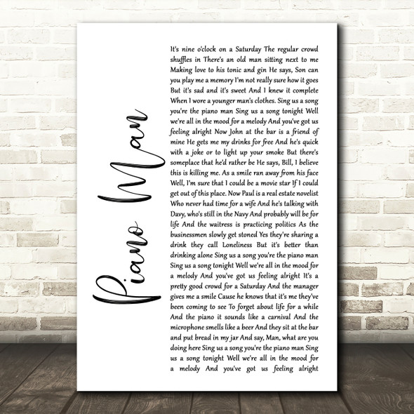 Billy Joel Piano Man White Script Song Lyric Quote Music Print