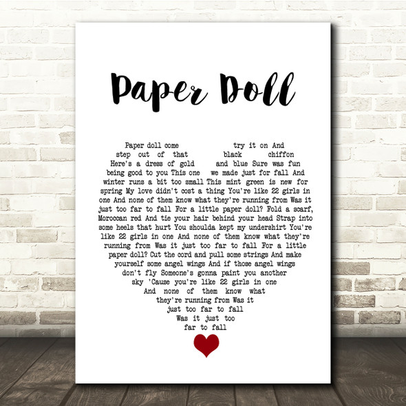 John Mayer Paper Doll White Heart Song Lyric Quote Music Print