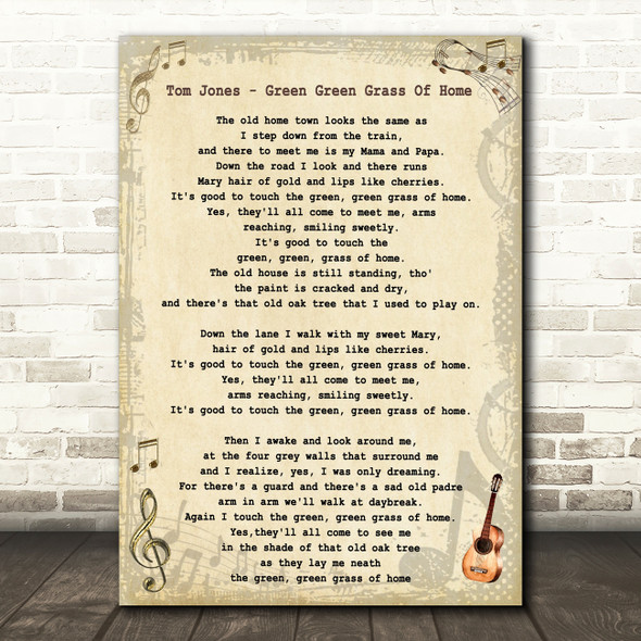 Tom Jones Green Green Grass Of Home Vintage Guitar Song Lyric Quote Print