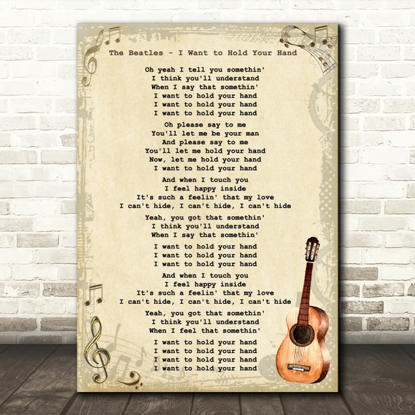 The Beatles I Want to Hold Your Hand Song Lyric Vintage Quote Print