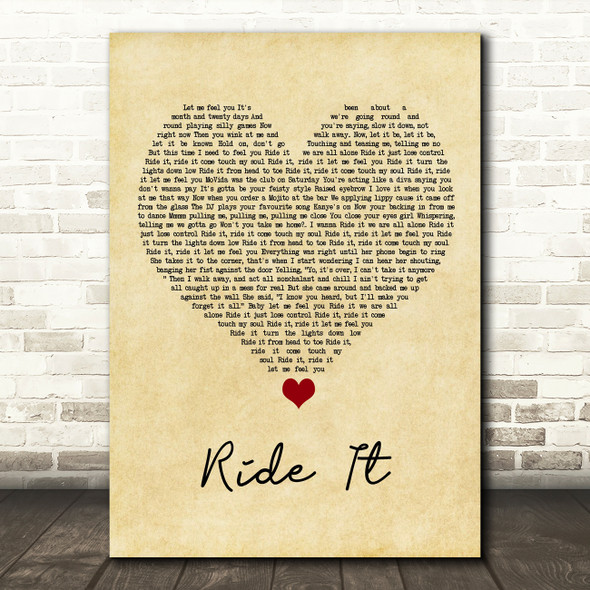 Jay Sean Ride It Vintage Heart Song Lyric Quote Music Print