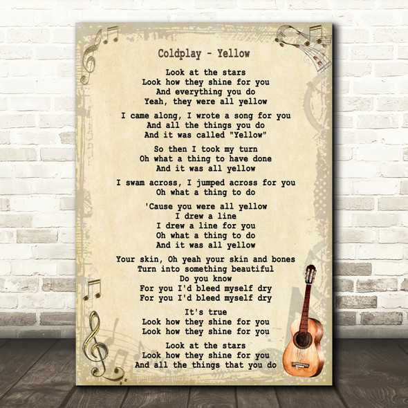Coldplay Yellow Song Lyric Vintage Quote Print