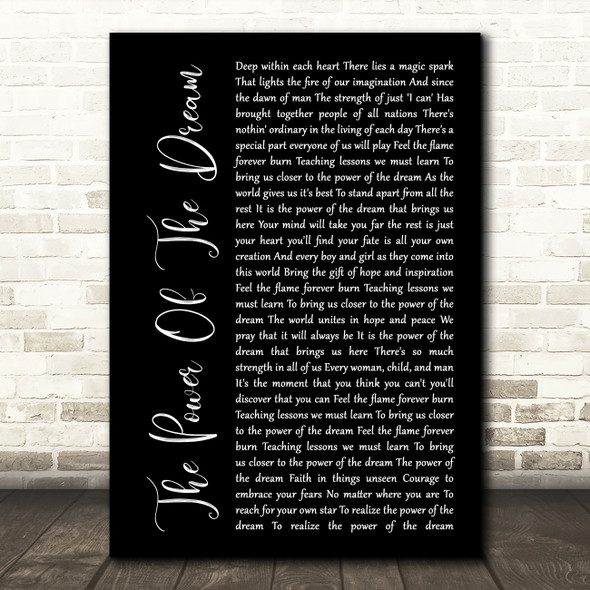 Celine Dion The Power Of The Dream Black Script Song Lyric Wall Art Print