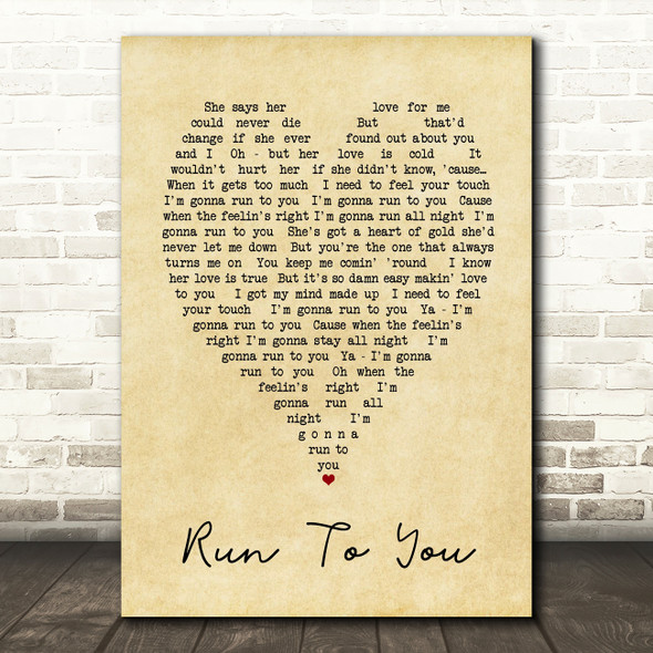 Run To You Bryan Adams Vintage Heart Quote Song Lyric Print