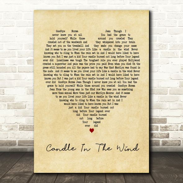Candle In The Wind Elton John Vintage Heart Song Lyric Quote Print