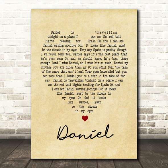 Daniel Elton John Vintage Heart Song Lyric Quote Print