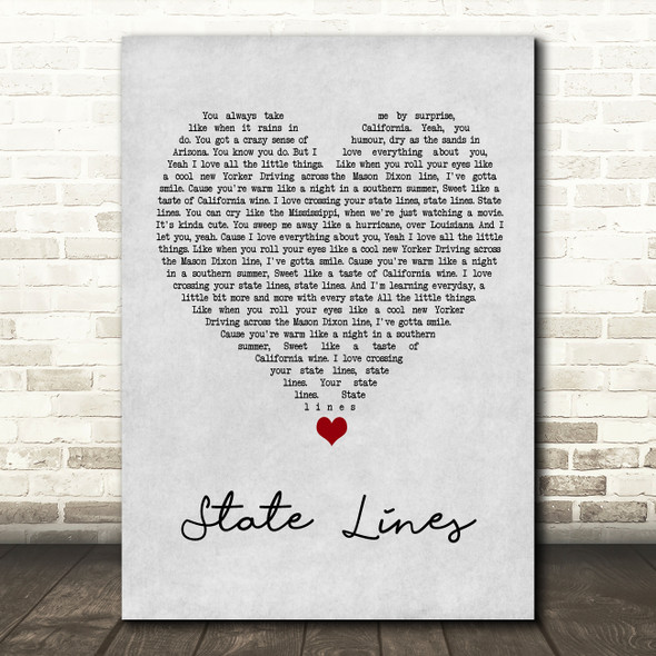 The Shires State Lines Grey Heart Song Lyric Wall Art Print