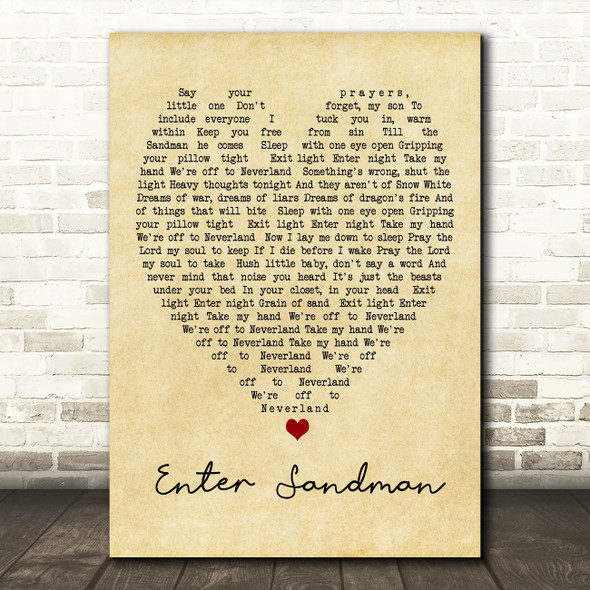 Enter Sandman Metallica Vintage Heart Song Lyric Quote Print