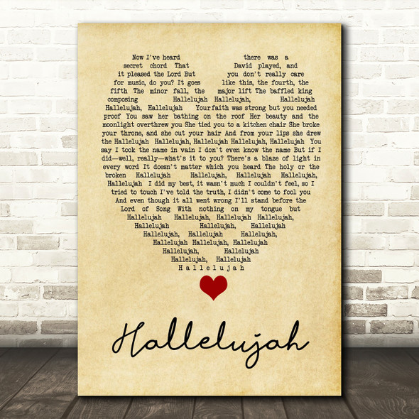 Hallelujah Leonard Cohen Vintage Heart Quote Song Lyric Print