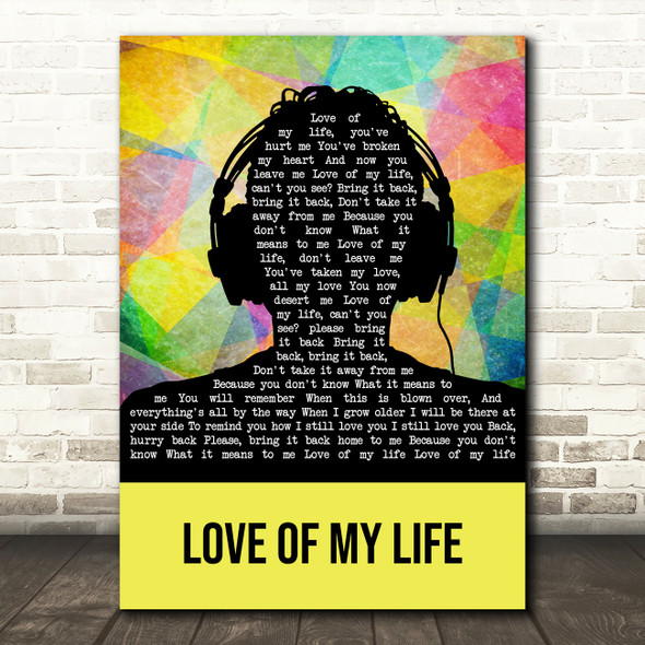 Queen Love Of My Life Multicolour Man Headphones Song Lyric Wall Art Print