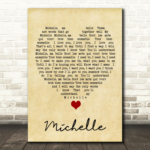 Michelle The Beatles Vintage Heart Quote Song Lyric Print