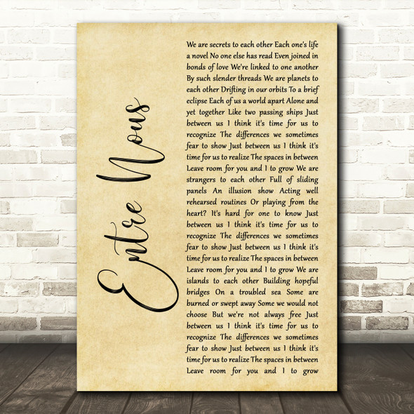 Rush Entre Nous Rustic Script Song Lyric Wall Art Print