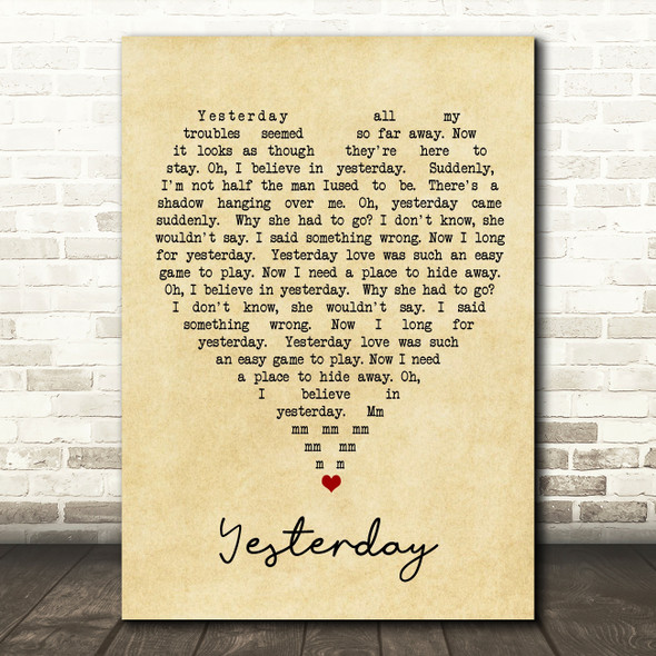 Yesterday The Beatles Vintage Heart Quote Song Lyric Print