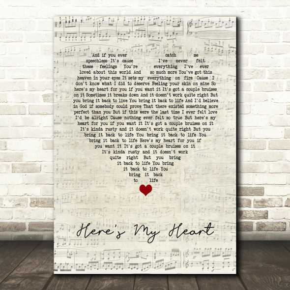 SayWeCanFly Here's My Heart Script Heart Song Lyric Wall Art Print