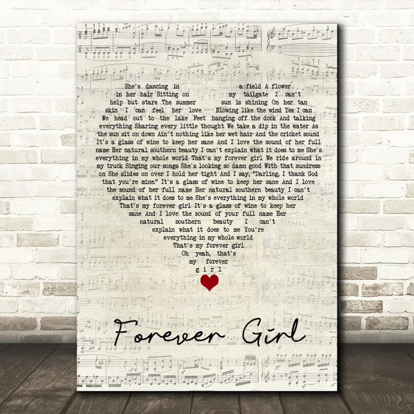 Jon Langston Forever Girl Script Heart Song Lyric Wall Art Print