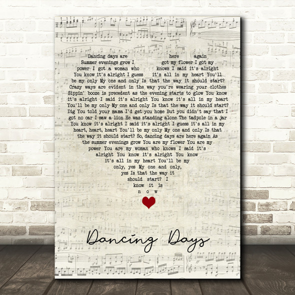 Led Zeppelin Dancing Days Script Heart Song Lyric Wall Art Print