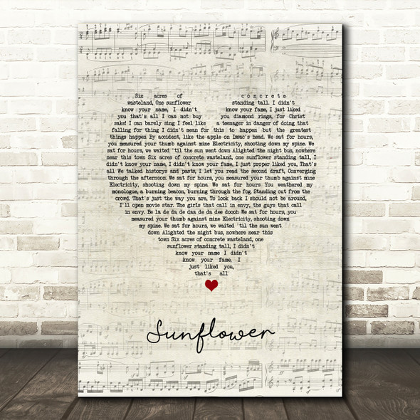 The Courteeners Sunflower Script Heart Song Lyric Wall Art Print