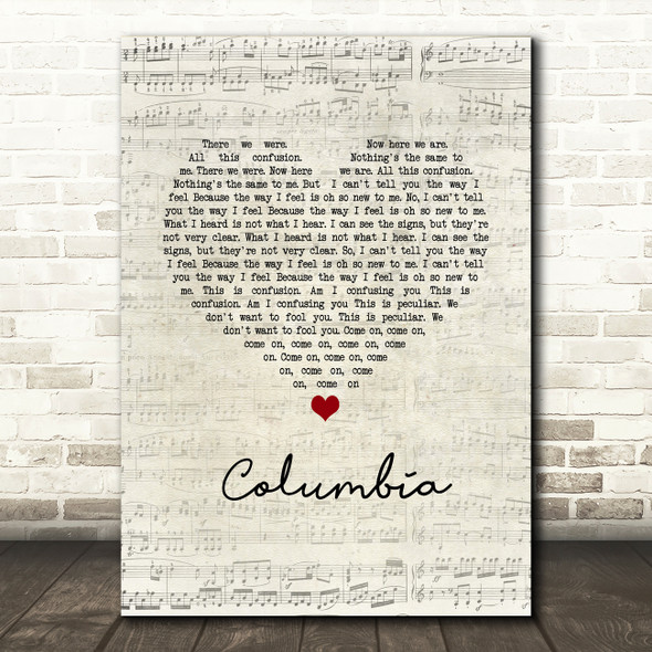 Oasis Columbia Script Heart Song Lyric Wall Art Print