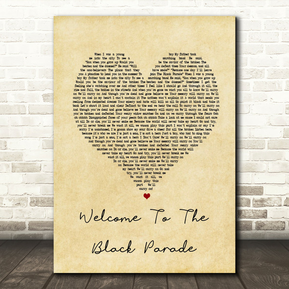 My Chemical Romance Welcome To The Black Parade Vintage Heart Song Lyric Print