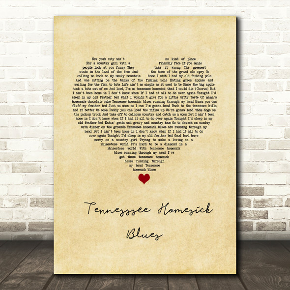 Dolly Parton Tennesssee Homesick Blues Vintage Heart Song Lyric Wall Art Print