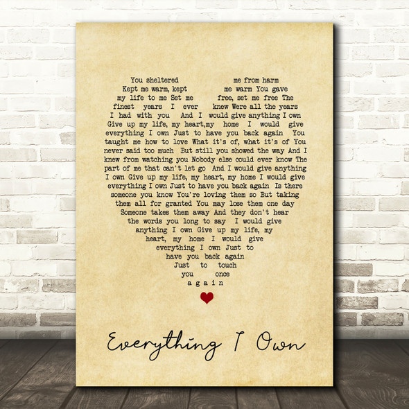 Everything I Own Bread Vintage Heart Quote Song Lyric Print