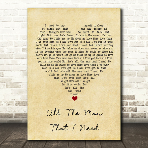 Whitney Houston All The Man That I Need Vintage Heart Song Lyric Wall Art Print