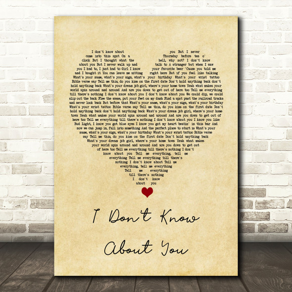 Chris Lane I Don't Know About You Vintage Heart Song Lyric Wall Art Print