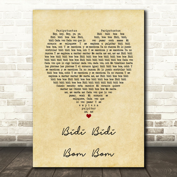 Selena Bidi Bidi Bom Bom Vintage Heart Song Lyric Wall Art Print