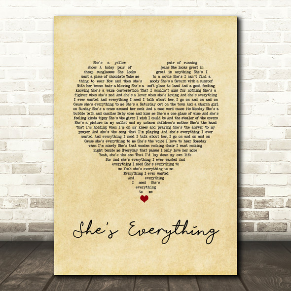 Brad Paisley She's Everything Vintage Heart Song Lyric Wall Art Print