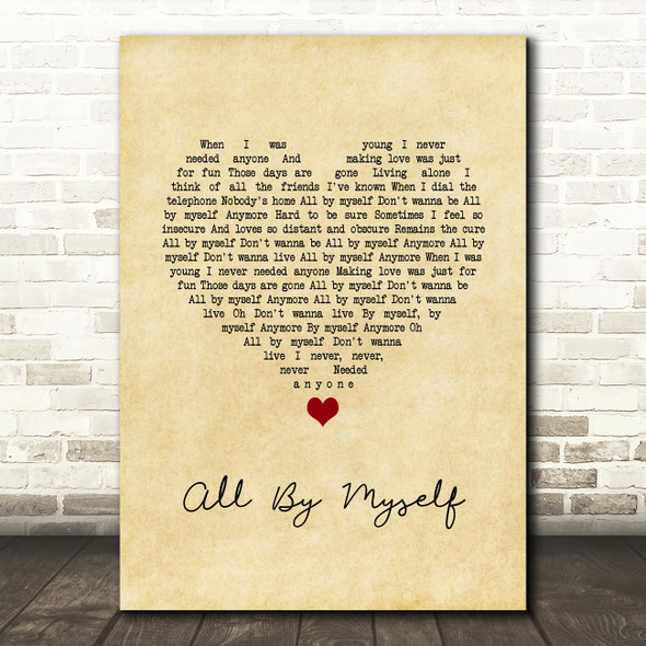 Celine Dion All By Myself Vintage Heart Song Lyric Wall Art Print