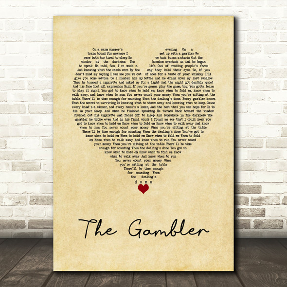 Kenny Rogers The Gambler Vintage Heart Song Lyric Wall Art Print