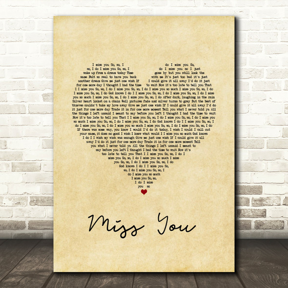 Nickelback Miss You Vintage Heart Song Lyric Wall Art Print