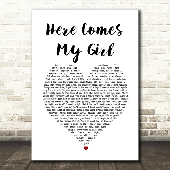 Tom Petty And The Heartbreakers Here Comes My Girl White Heart Song Lyric Wall Art Print