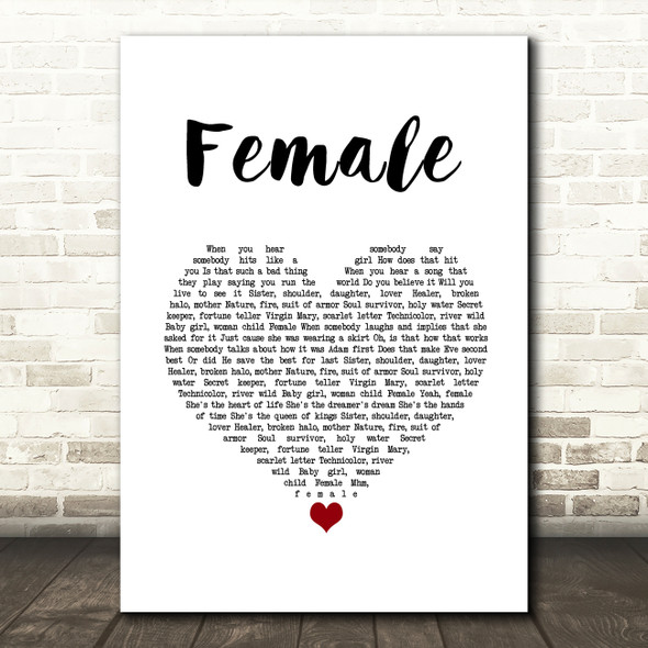 Keith Urban Female White Heart Song Lyric Wall Art Print