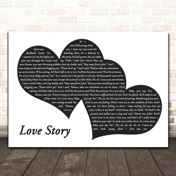 Taylor Swift Love Story Landscape Black & White Two Hearts Song Lyric Print