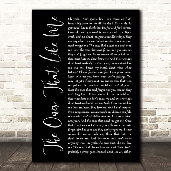 Brantley Gilbert The Ones That Like Me Black Script Song Lyric Print