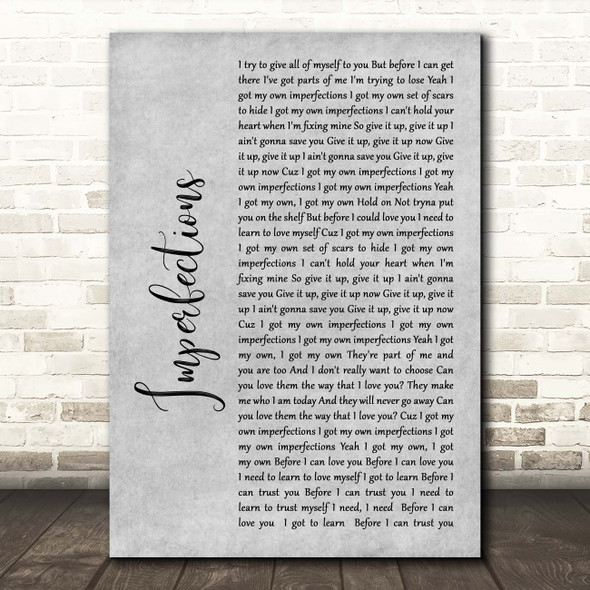 Celine Dion Imperfections Grey Rustic Script Song Lyric Print