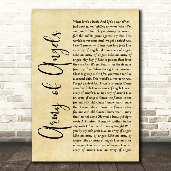 The Script Army of Angels Rustic Script Song Lyric Print