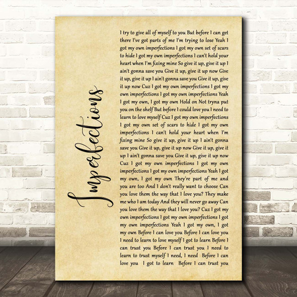 Celine Dion Imperfections Rustic Script Song Lyric Print
