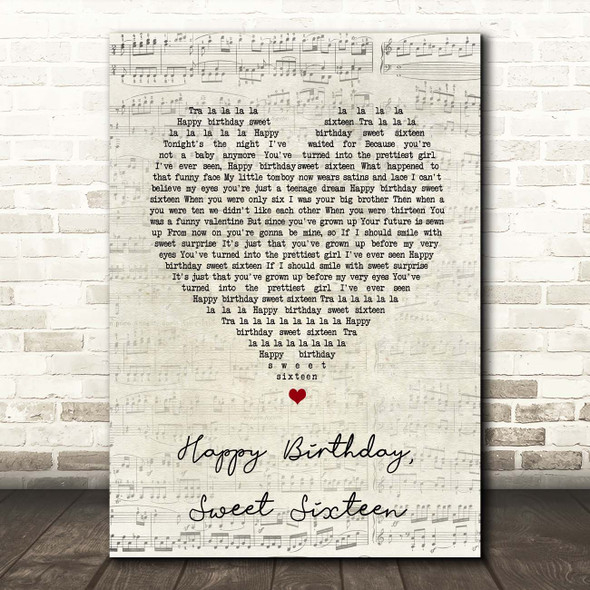 Neil Sedaka Happy Birthday, Sweet Sixteen Script Heart Song Lyric Print