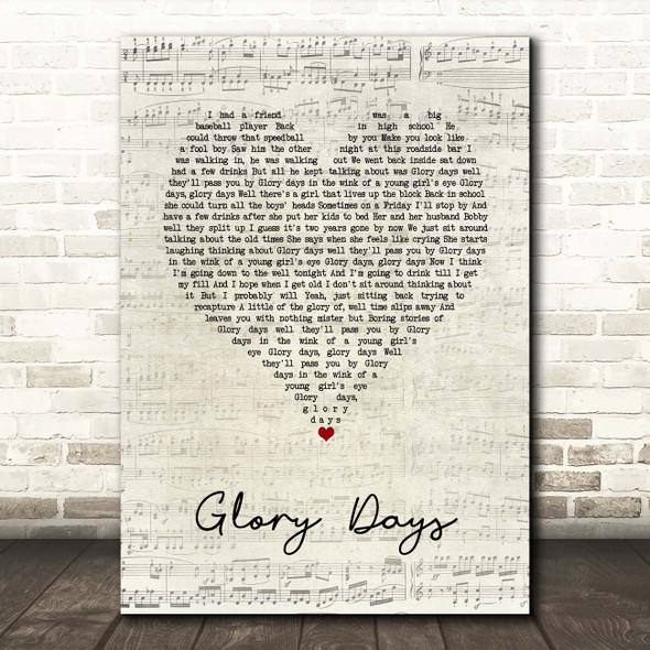 Bruce Springsteen Glory Days Script Heart Song Lyric Print