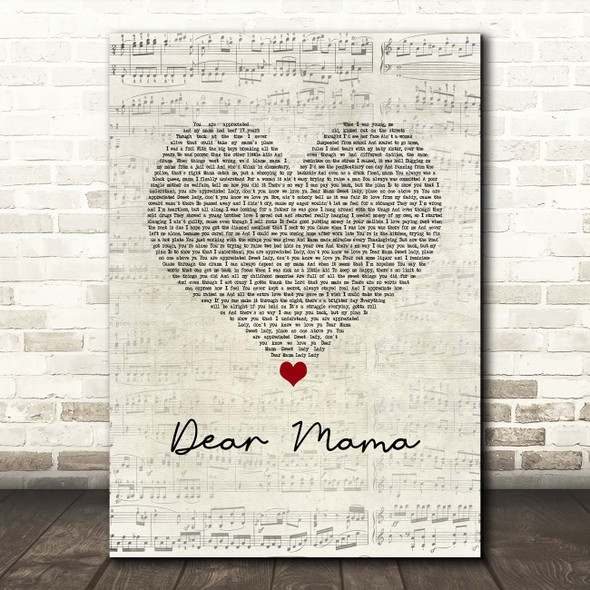 2Pac Dear Mama Script Heart Song Lyric Print