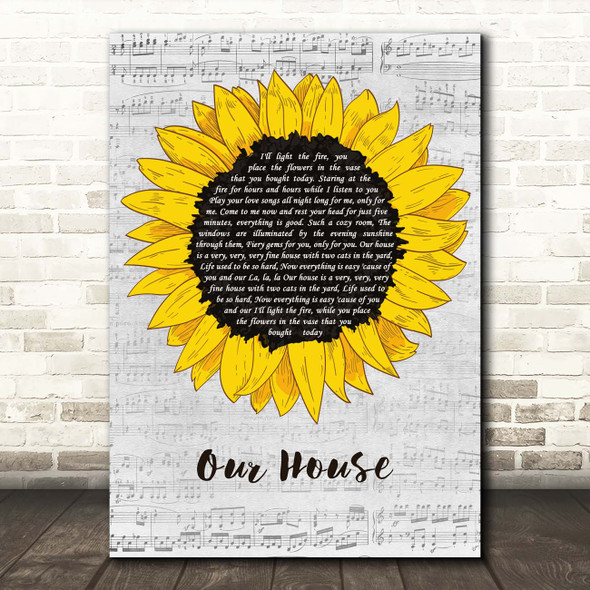 Crosby, Stills, Nash & Young Our House Grey Script Sunflower Song Lyric Print